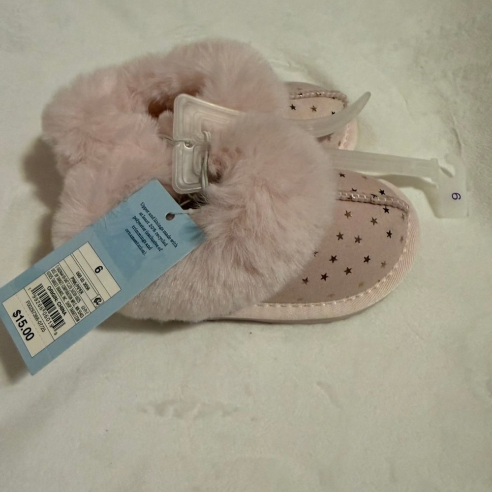 Cat & Jack Toddler Girls Piper Faux Fur Star Slippers Pink Gold Size 6 NWT
